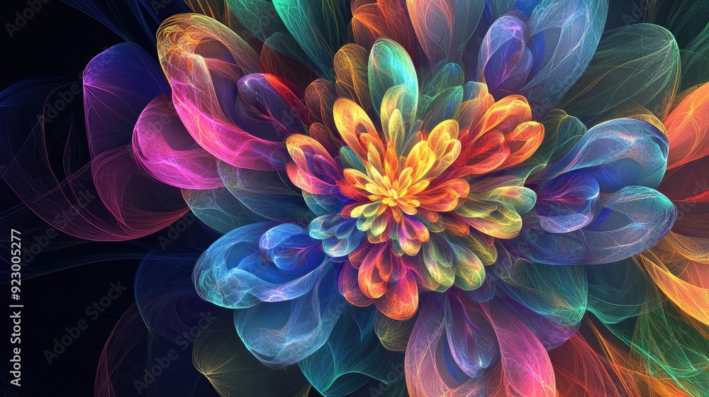 Stunning fractal flower in vibrant colors, with fluid patterns and iridescent hues, symbolizing growth and artistry Stunning fractal flower in vibrant colors, with fluid patterns and iridescent hues, symbolizing growth and artistry