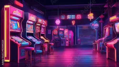 Neon lights and colorful arcade games area - drawing - Generative AI