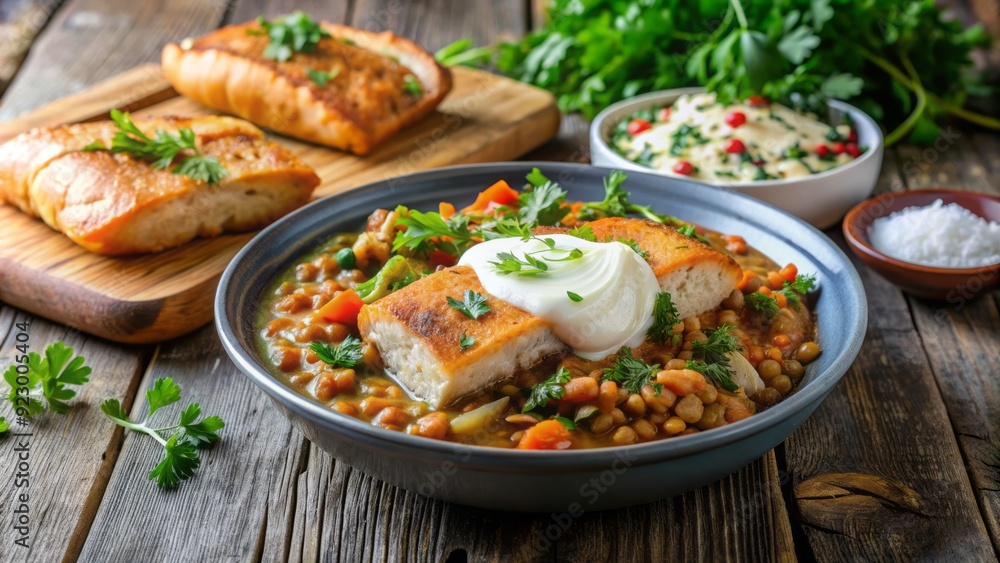 Hearty salmon and lentil stew served with a side of crusty bread, garnished with fresh parsley and a dollop of creamy yogurt, warm and inviting. Hearty salmon and lentil stew served with a side of crusty bread, garnished with fresh parsley and a dollop of creamy yogurt, warm and inviting.