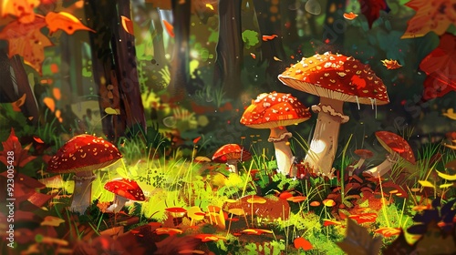 2. Detailed illustration of little mushrooms sprouting in an autumn forest, surrounded by vibrant leaves and rich green grass, creating a magical and picturesque mushroom picking moment