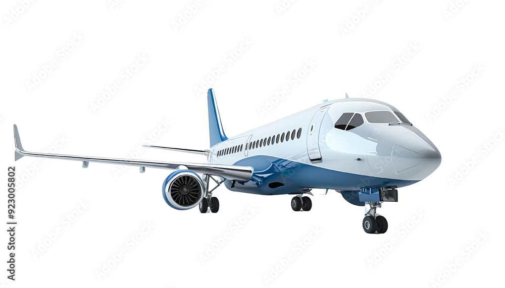 Stylish commercial airplane design with blue accents, perfect for aviation-related projects and travel themes. Stylish commercial airplane design with blue accents, perfect for aviation-related projects and travel themes.
