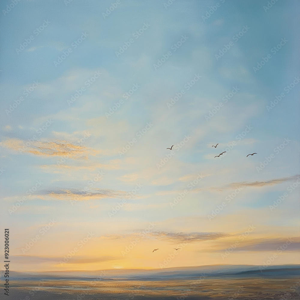 A serene blue sky filled with soft, wispy clouds drifting across a vast horizon A serene blue sky filled with soft, wispy clouds drifting across a vast horizon