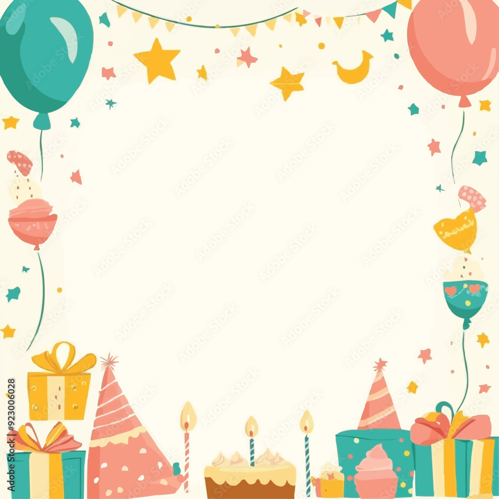 A cute birthday card with balloons gifts and party hats A cute birthday card with balloons gifts and party hats