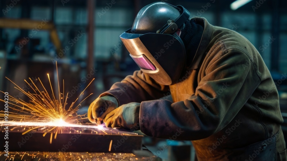 A craftman is welding with workpiece steelWorking person A craftman is welding with workpiece steelWorking person