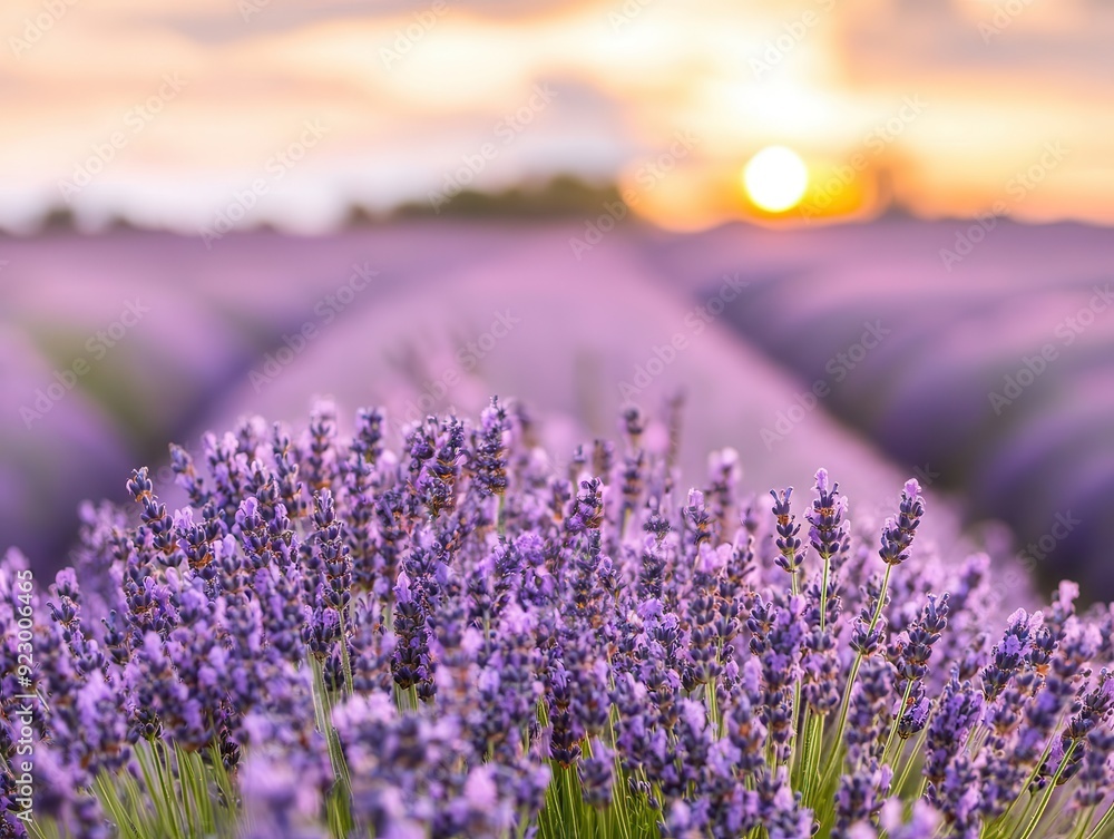 Obraz premium Lavender field at sunset, showcasing vibrant purple flowers under a colorful sky, perfect for nature and beauty themes.