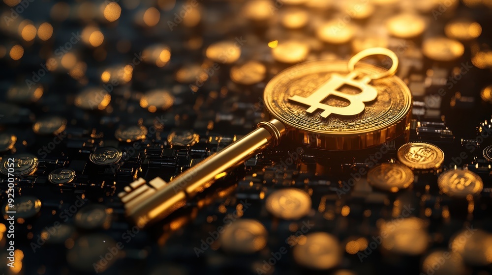 A golden key is on top of a pile of gold coins A golden key is on top of a pile of gold coins