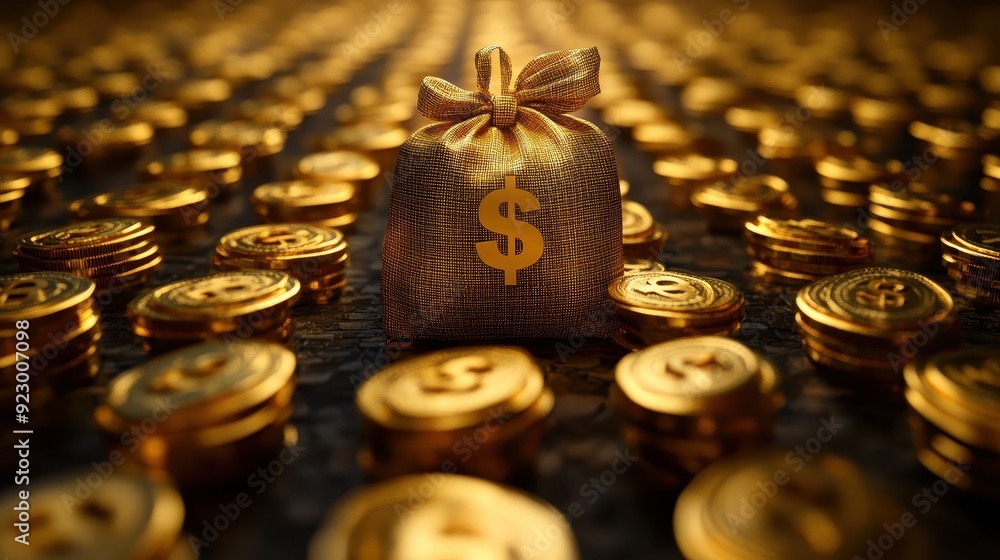 A gold coin bag with a dollar sign on it is surrounded by many gold coins A gold coin bag with a dollar sign on it is surrounded by many gold coins