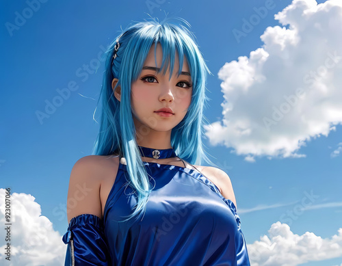 Blue-haired anime girl in a matching blue dress.