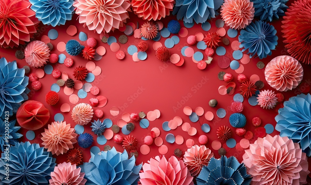 patriotic decorations on a red background for usa national holidays flat lay composition with paper fans fireworks rockets party streamers happy 4th of july independence day banner template. patriotic decorations on a red background for usa national holidays flat lay composition with paper fans fireworks rockets party streamers happy 4th of july independence day banner template.