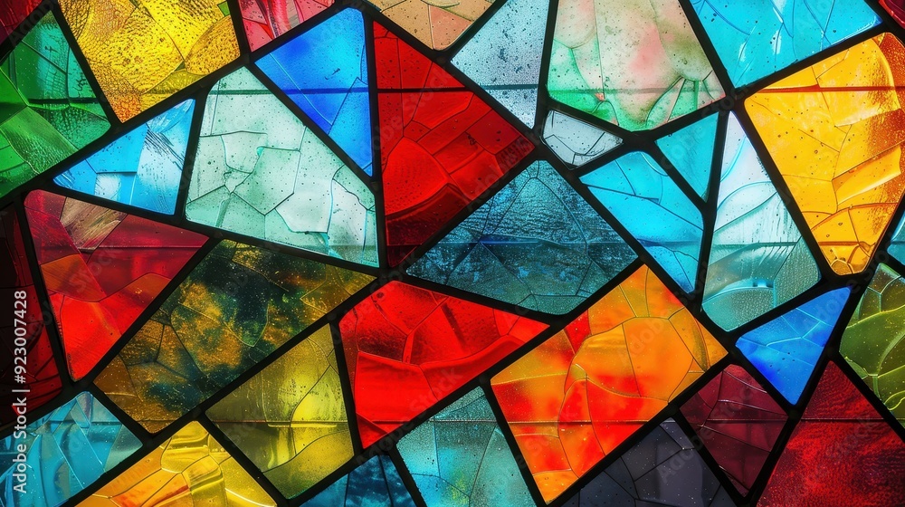 Vibrant stained glass pieces reflect light in a colorful abstract pattern, creating a lively atmosphere in a church Vibrant stained glass pieces reflect light in a colorful abstract pattern, creating a lively atmosphere in a church