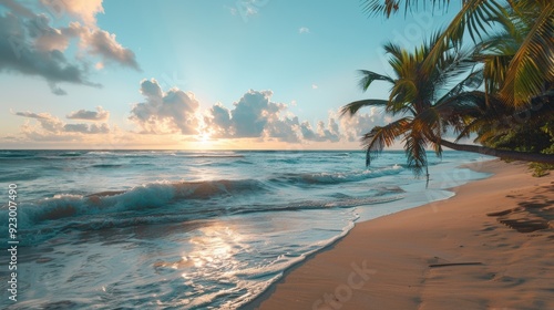 Photo of a tropical beach at sunset, with golden sand, crystal clear turquoise waters, and palm trees swaying gently in the warm evening breeze, epitomizing a tranquil coastal paradise.