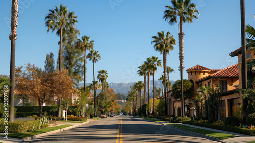 Luxurious rich neighborhood street of California Santa Ana, sides lined with palm trees on a sunny afternoon.