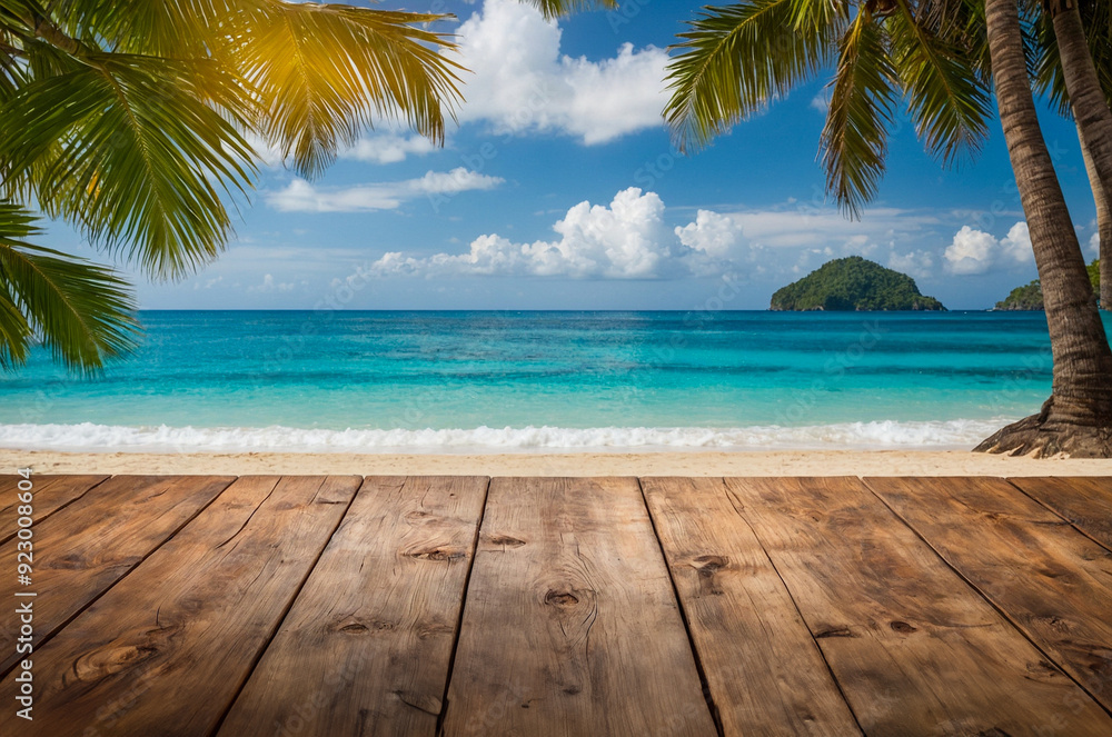 Tropical Beach Scene with Wooden Deck and Ocean View Tropical Beach Scene with Wooden Deck and Ocean View