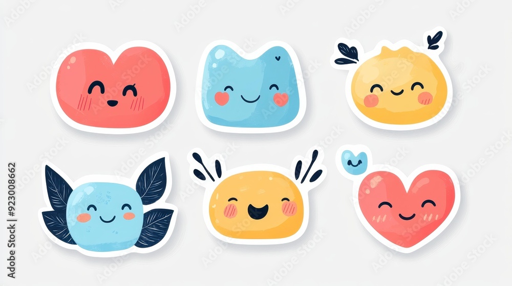 Fototapeta premium Vibrant stickers that express emotions, perfect for brightening notes or gifts in a playful, cartoonstyle design.