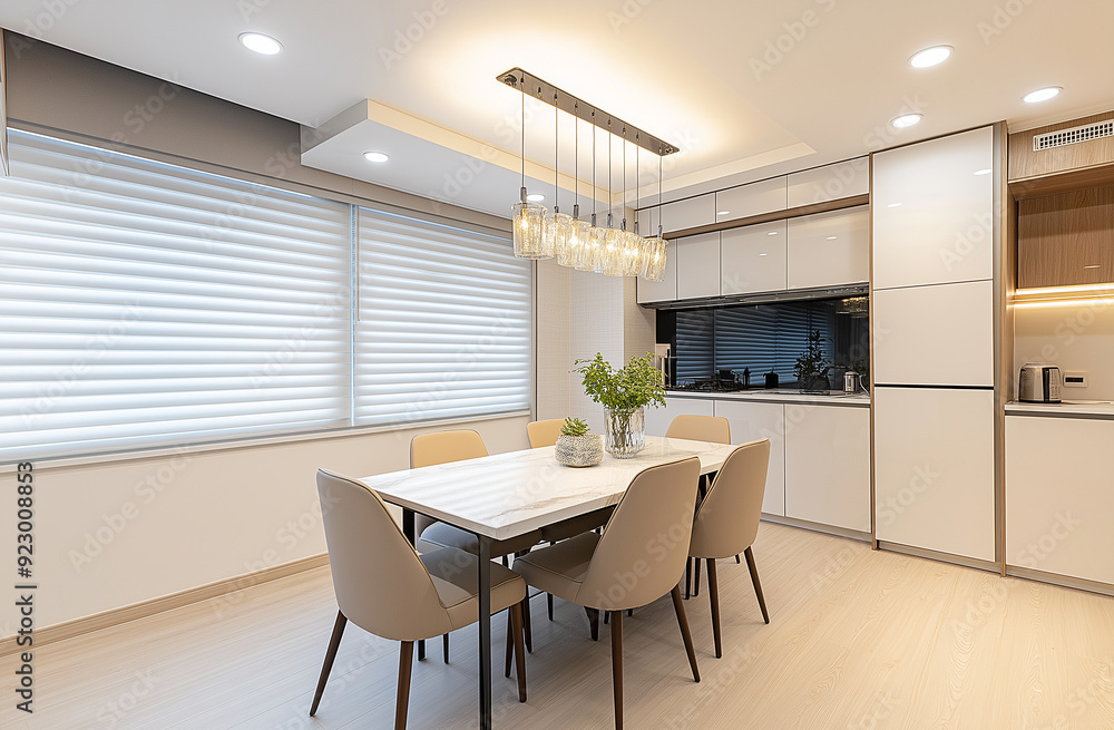 Fototapeta premium a kitchen with a table chairs and a table with a vase of flowers on it