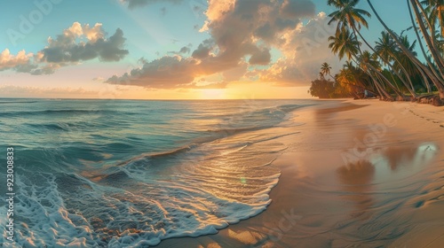 Photo of a tropical beach at sunset, with golden sand, crystal clear turquoise waters, and palm trees swaying gently in the warm evening breeze, epitomizing a tranquil coastal paradise.