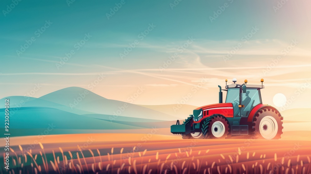 Fototapeta premium GPS farming, tractor using satellite navigation, flat design illustration