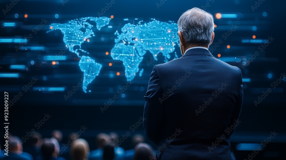 A businessman gazes at a digital world map, symbolizing global strategy and innovation in a high-tech environment. A businessman gazes at a digital world map, symbolizing global strategy and innovation in a high-tech environment.