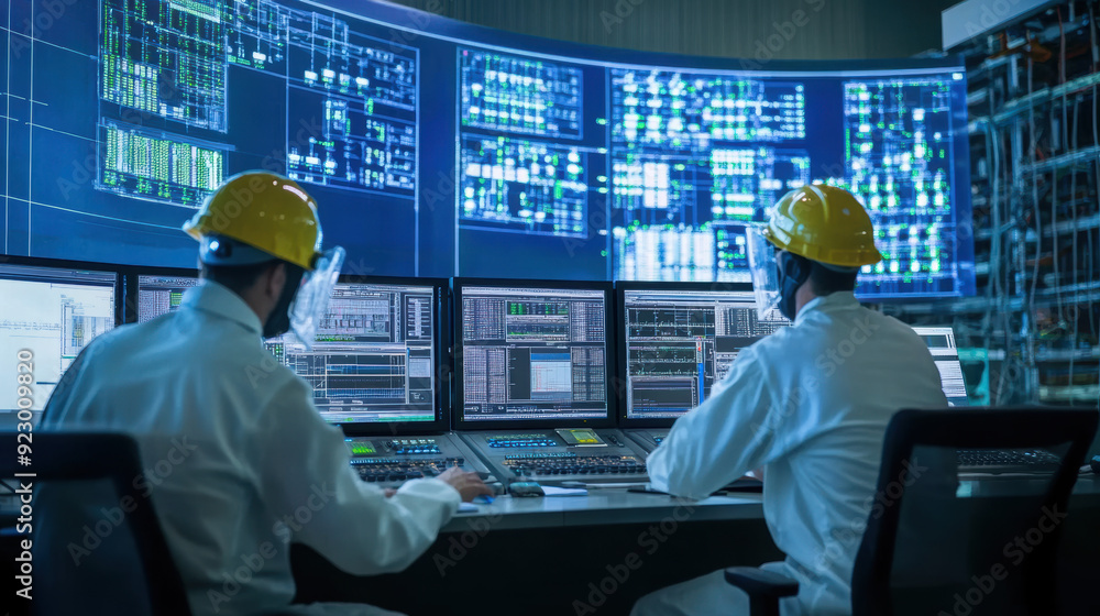 Engineers monitoring in control room with computer screens displaying system data Engineers monitoring in control room with computer screens displaying system data