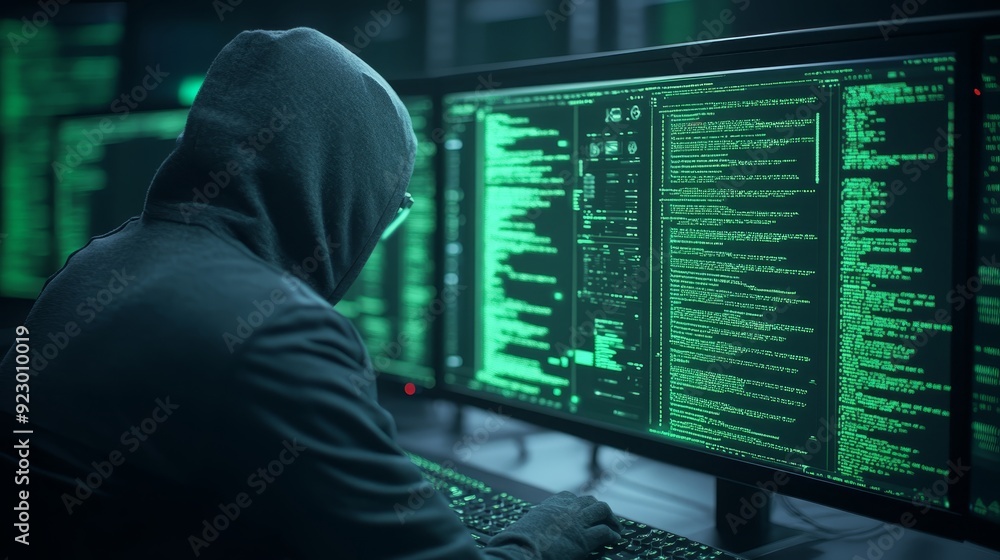 Hacker in dark room with multiple monitors Hacker in dark room with multiple monitors