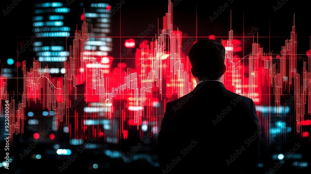 A businessman observes a digital stock market graph with red trends, reflecting financial data analysis and market volatility. A businessman observes a digital stock market graph with red trends, reflecting financial data analysis and market volatility.