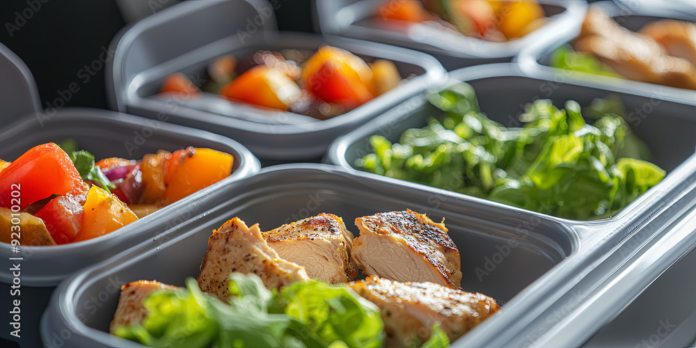 A close up of an airplane food tray with healthy, delicious ingredients, including chicken and vegetables in gray plastic boxes, generative AI A close up of an airplane food tray with healthy, delicious ingredients, including chicken and vegetables in gray plastic boxes, generative AI