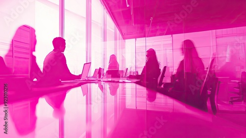 Modern Office Meeting with Silhouetted Business People in Pink Tinted Glass Room photo