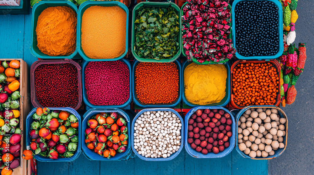 Overhead shot of colorful spices and produce at market Overhead shot of colorful spices and produce at market