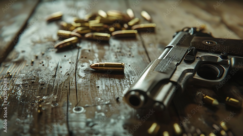 Bullets and gun on wooden table Bullets and gun on wooden table