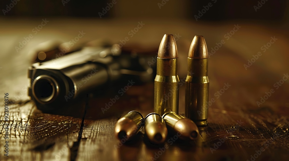 Bullets and gun on wooden table Bullets and gun on wooden table
