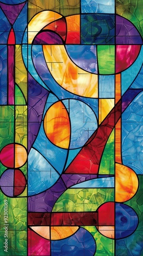 A colorful stained glass design showcasing abstract forms in a lively arrangement of hues