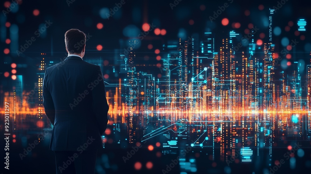 A businessperson stands before a futuristic cityscape, illuminated with vibrant data visuals and digital graphs, symbolizing innovation. A businessperson stands before a futuristic cityscape, illuminated with vibrant data visuals and digital graphs, symbolizing innovation.