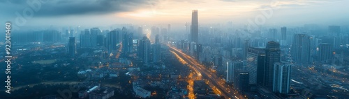 Misty Cityscape at Dawn with Skyscrapers