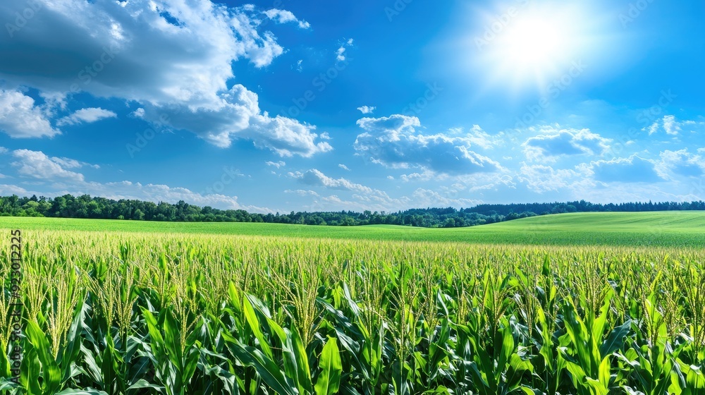 Lush green cornfield under a bright blue sky with fluffy white clouds and the sun shining through. Lush green cornfield under a bright blue sky with fluffy white clouds and the sun shining through.