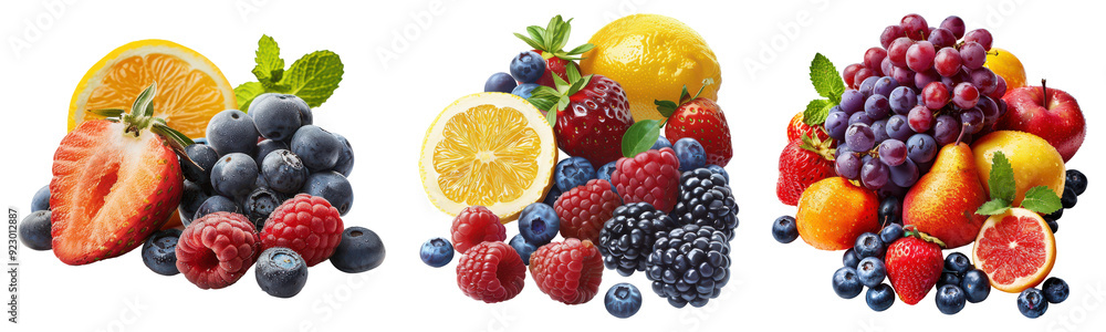 Close-up View of Assorted Fresh Fruits Featuring Berries, Citrus, Grapes, and Apples. Close-up View of Assorted Fresh Fruits Featuring Berries, Citrus, Grapes, and Apples.