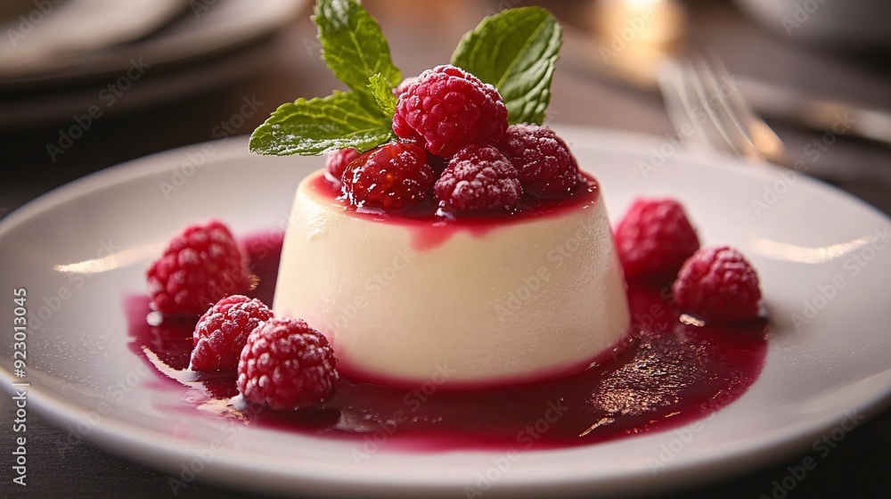 Vanilla Bean Panna Cotta with Raspberry Sauce and Mint Vanilla Bean Panna Cotta with Raspberry Sauce and Mint