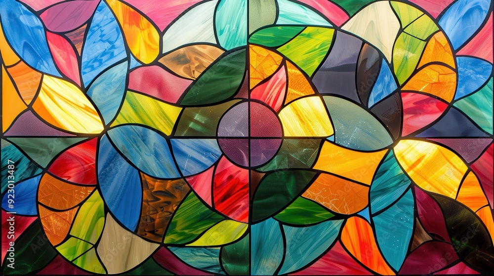 Vibrant stained glass panels create a captivating display of colors and shapes Vibrant stained glass panels create a captivating display of colors and shapes