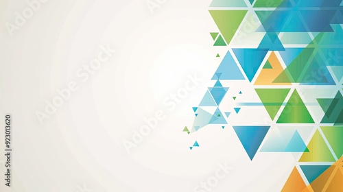 A simple vector graphic background with blue, green and orange triangles in the bottom right corner of an empty white rectangle, professional presentation style