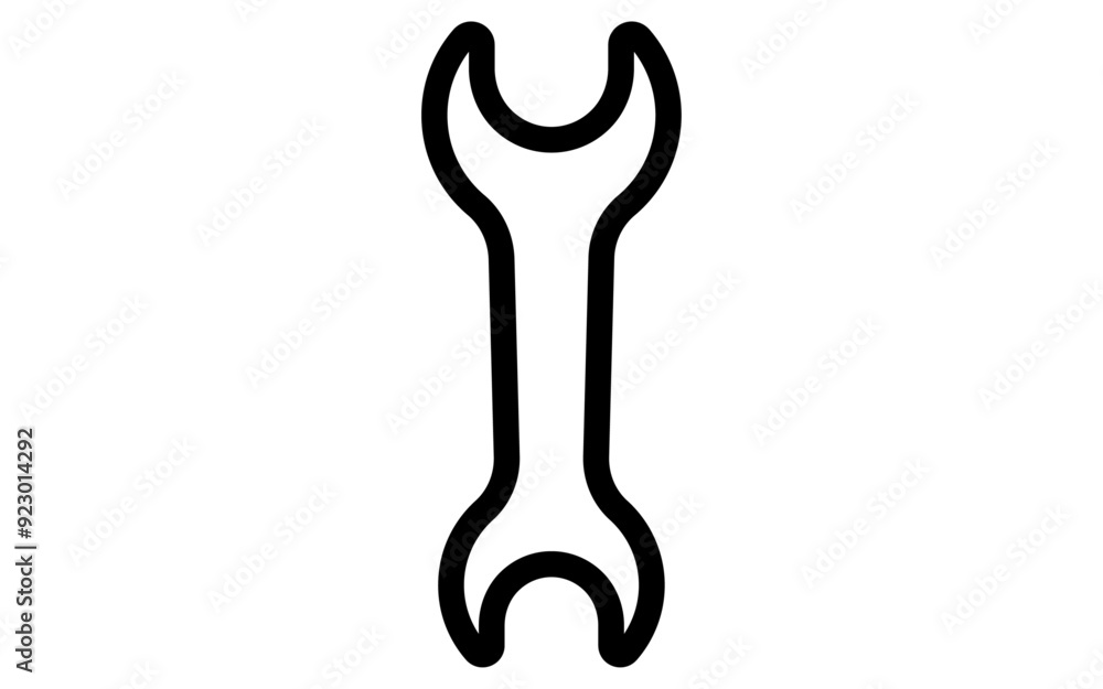 Tool icon with simple line drawing in black and white, wrench