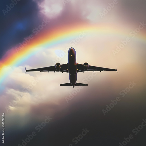 A passenger jet flying through a rainbow after a rain shower