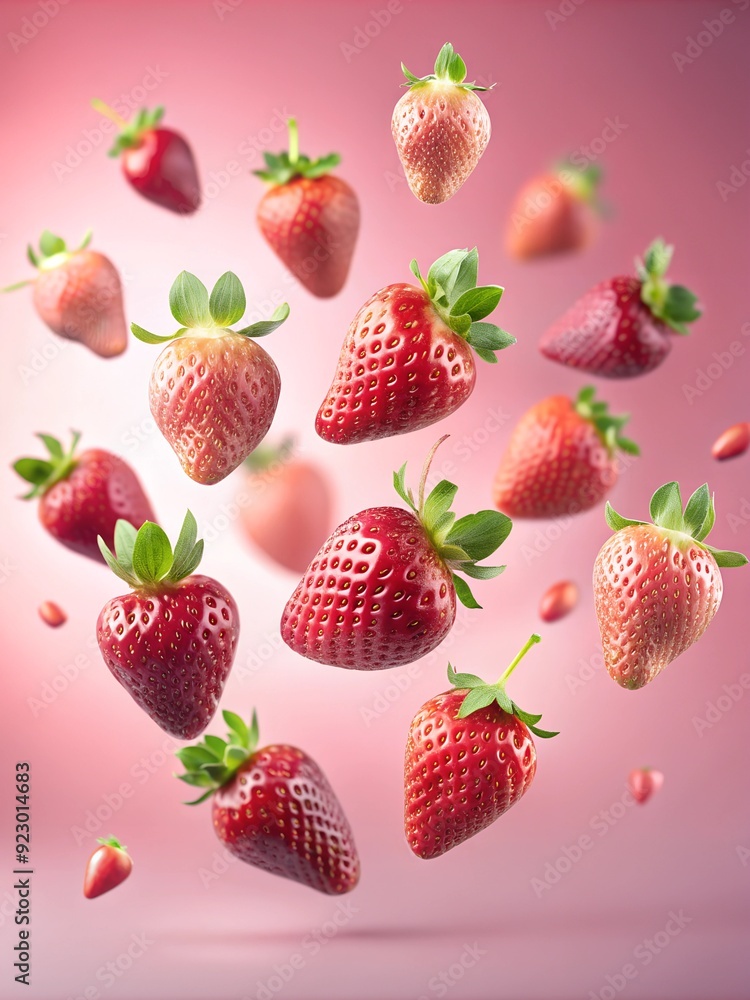 Flying or falling strawberries on a soft pink background. Generated ai Flying or falling strawberries on a soft pink background. Generated ai