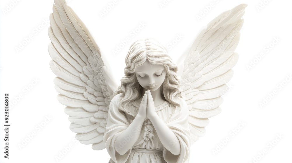 A graceful guardian angel with magnificent wings is depicted in a calm, prayerful pose, set against a pure white background A graceful guardian angel with magnificent wings is depicted in a calm, prayerful pose, set against a pure white background
