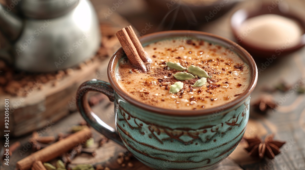 Spiced Chai Tea in a Rustic Mug with Cinnamon Sticks Spiced Chai Tea in a Rustic Mug with Cinnamon Sticks
