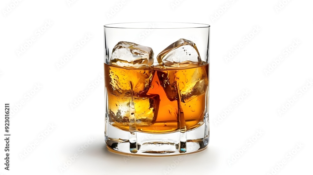 Glass of scotch whiskey and ice on a white background Glass of scotch whiskey and ice on a white background
