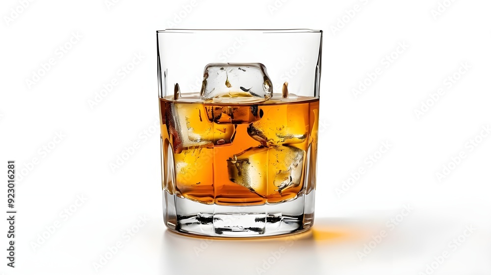 Glass of scotch whiskey and ice on a white background Glass of scotch whiskey and ice on a white background