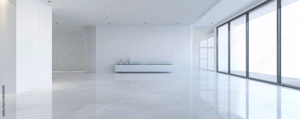A large, open 3D room with clean lines and a modern aesthetic, featuring significant copy space for text or design integration A large, open 3D room with clean lines and a modern aesthetic, featuring significant copy space for text or design integration