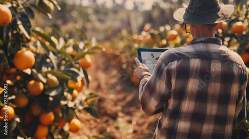 A farmer in a hat and plaid shirt uses a tablet in an orange orchard, possibly managing crop data or researching agricultural techniques.