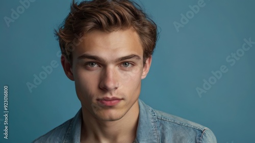 Caucasian young mans halflength portrait on blue studio photo