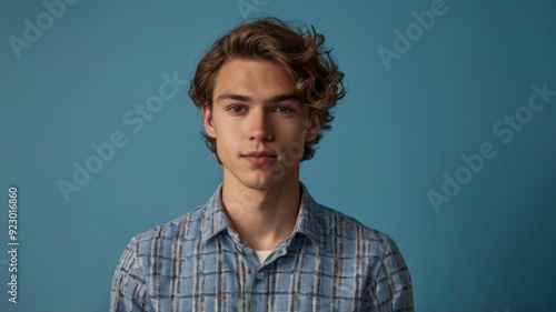 Caucasian young mans halflength portrait on blue studio photo