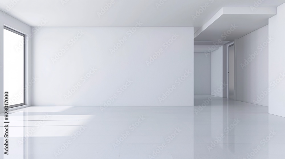 A minimalist 3D-rendered room with smooth white walls and a polished floor, featuring abundant copy space for text or design elements A minimalist 3D-rendered room with smooth white walls and a polished floor, featuring abundant copy space for text or design elements